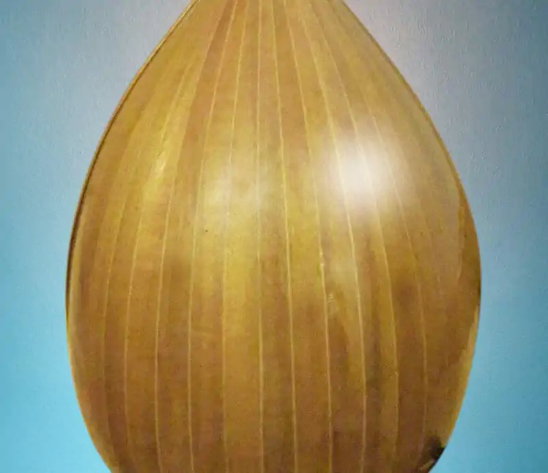 Rear view of a wooden Greek bouzouki bowl body displaying detailed vertical stave construction.