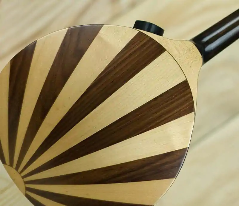 Rear view of a mandolin showing a custom two-tone light and dark wood sunburst inlay pattern on the back.