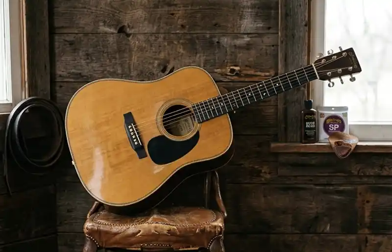 Martin dreadnought acoustic guitar resting on a leather chair against a rustic wood wall near guitar maintenance supplies.