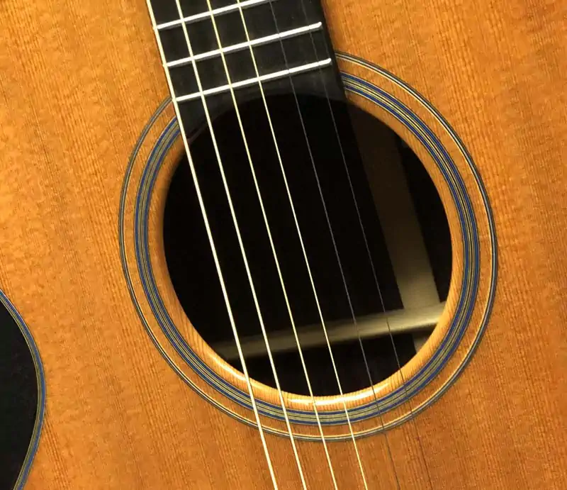Close-up of a Santa Cruz acoustic guitar soundhole featuring detailed rosette purfling, spruce top, and ebony fretboard.