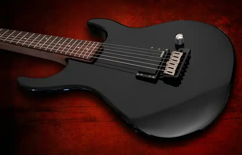 Black Washburn electric guitar with a single humbucker pickup, volume knob, and hardtail bridge on a red background.